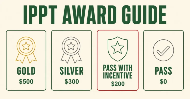 IPPT Gold, Silver, and Pass award badges with cash incentive amounts