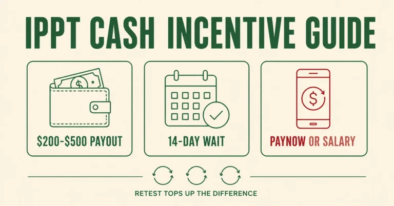 IPPT cash incentive payout amounts by award band, PayNow and salary payment icons