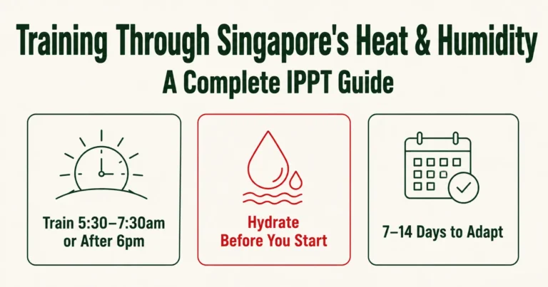 Guide to training through heat and humidity in Singapore for IPPT preparation, covering best training times and hydration tips