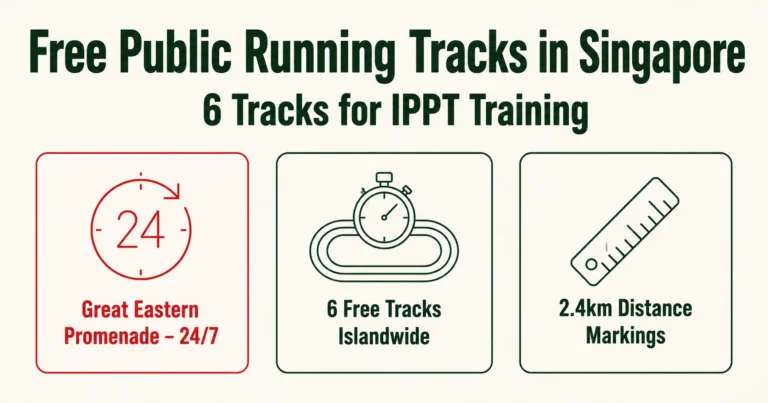 Free public running tracks in Singapore for IPPT 2.4km training, including Great Eastern Promenade, Bishan, Serangoon, Bedok, Queenstown and Clementi stadiums